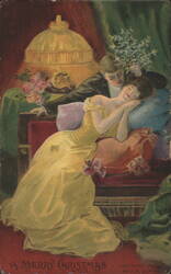 A Merry Christmas Elegant Couple with Mistletoe and Flowers Postcard