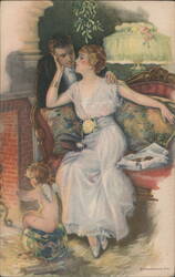 Romantic Couple by Fireplace with Cherub, Edward Gross Co. Postcard