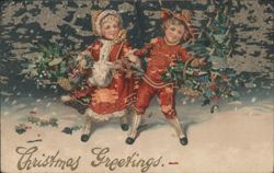 Children in Snow with Wreaths, Christmas Greetings Postcard