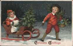 Children in Sled with Evergreen Branches, Snowy Christmas Scene Postcard