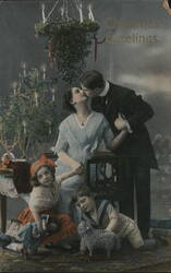 Christmas Greetings Kissing Couple Under Mistletoe with Children Postcard