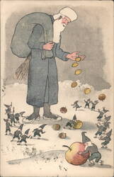 Santa Claus Figure Distributing Nuts and Fruit to Gnomes in Snowy Landscape Postcard