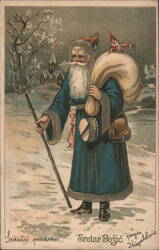 Santa Claus with Sack of Toys and Elf in Snowy Village, Merry Christmas Postcard