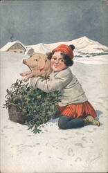 Girl Hugging Pig in Snow with Holly Basket, Happy New Year Postcard