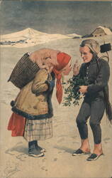 Happy New Year! Girl with Pig & Boy with Mistletoe by K. Šimůnek Postcard