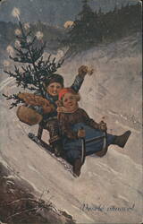 Children Sledding with Christmas Tree and Bell in Snow, Czech Holiday Greeting Postcard