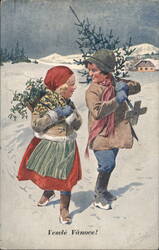 Children Gathering Christmas Tree & Holly in Snow, Czech Greeting Postcard