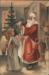 Santa Claus and Angel Decorating Christmas Tree, A Merry Christmas Postcard