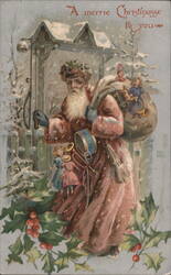 Santa Claus in Snowy Scene with Toys & Holly 'A merrie Christmass Postcard