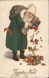 Santa Claus in Green Coat Spilling Toys & Fruit, Joyeux Noël Postcard