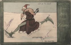 Comic Christmas Greeting with Running Krampus-like Figure in Snow Postcard