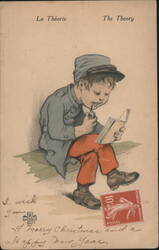 French Soldier Boy Reading & Smoking Pipe, 'The Theory', WWI Christmas Greeting Postcard