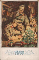 1916 WWI Soldiers Christmas Celebration with Lit Tree Postcard