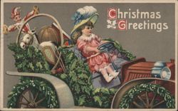 Christmas Greetings Girl Driving Holly Car with Toys and Clown Postcard