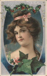 A Joyful Christmas Woman with Holly Wreath and Pink Bow Postcard