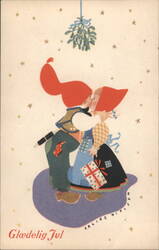 Glædelig Jul: Children Kissing Under Mistletoe by Erling Nielsen Postcard