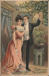 Elegant Couple Under Mistletoe with Merry Christmas Greeting Postcard