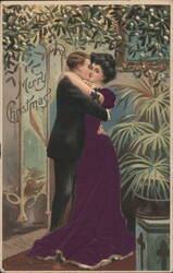 Merry Christmas Kissing Couple Under Mistletoe Illustration Postcard