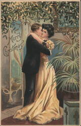 Merry Christmas Kissing Couple Under Mistletoe Postcard