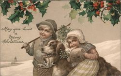 Merry Christmas Children with Dog, Holly, and Mistletoe in Snow Postcard