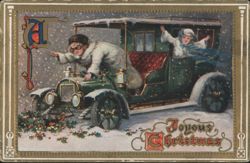 Joyous Christmas: Children Decorating Car with Holly in Snow Postcard
