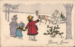 Santa Claus with Deer Sleigh & Children, Bonne Année, Snowy Landscape Postcard
