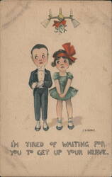 Comic Children Under Mistletoe 'I'm Tired of Waiting For You To Get Up Your Nerve' Postcard