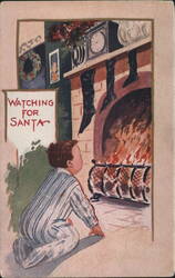 Boy in Pajamas Watching for Santa by Fireplace with Stockings Postcard