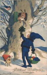 Gnome Offering Evergreen to Squirrel in Tree, New Year's Greeting Postcard