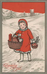 Child in Red Coat with Baskets, Snowy Christmas Scene, Glædelig Jul Postcard