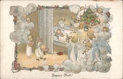 Angels Decorating Christmas Tree & Child's Dream, Joyeux Noël, F. Ebhor 1904 Postcard