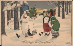 Snowman decorating Christmas tree with children, "Fröhliche Weihnachten!" Postcard