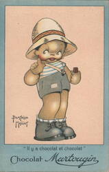Chocolat Martougin Advertising with Child in Hat Holding Chocolate Postcard