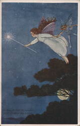Fairies Flying with Glowing Wand in Starry Night, Gumkin Close Behind Postcard