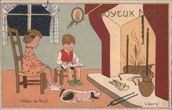 Christmas Eve with Children and Dog by Fireplace, Joyeux Noel Postcard