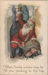Santa Claus Climbing Down Chimney with Gifts, Sack of Toys, Christmas Greeting Postcard