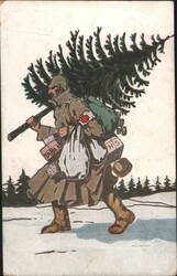 WWI German Soldier Carrying Christmas Tree & Red Cross Supplies in Snow Postcard