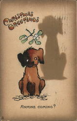 Christmas Greetings Puppy Dog with Mistletoe and Shadow, 'Anyone Coming?' Postcard