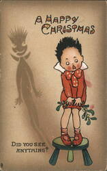 A Happy Christmas Boy with Mistletoe and Mischievous Shadow Postcard