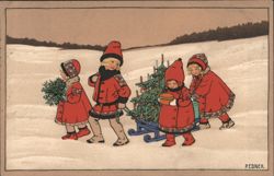 Children in Red Coats Pulling Christmas Tree in Snow - Pebner Art Postcard