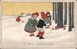 Illustrated Christmas Greeting with Children Gathering Evergreens in Snow Postcard