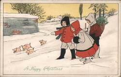 Children Feeding Pigs in Snow, A Happy Christmas Postcard