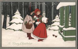 Christmas Children Feeding Chickens in Snowy Forest, A Merry Christmas Postcard