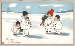Christmas Greetings with Children and Dog in Winter Snow Scene Postcard