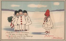 Children in Snow, Clown Costumes, Red Hat, Merry Christmas Postcard