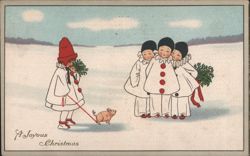 Children in Snow with Pig and Holly, A Joyous Christmas Greeting Postcard