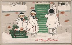 Children in Snow Ringing Bell with Sled and Teddy Bear, A Merry Christmas Postcard