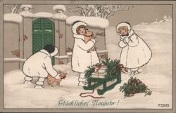 Children with Pigs and Gifts in Snow for New Year's Postcard