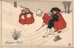 Joyeux Noël! Children Drawing Pig in Snow, Paul Eber Art Postcard