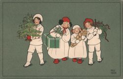 Christmas Children with Tree, Gifts, Bread, Wreath by Paul Ebneer Postcard